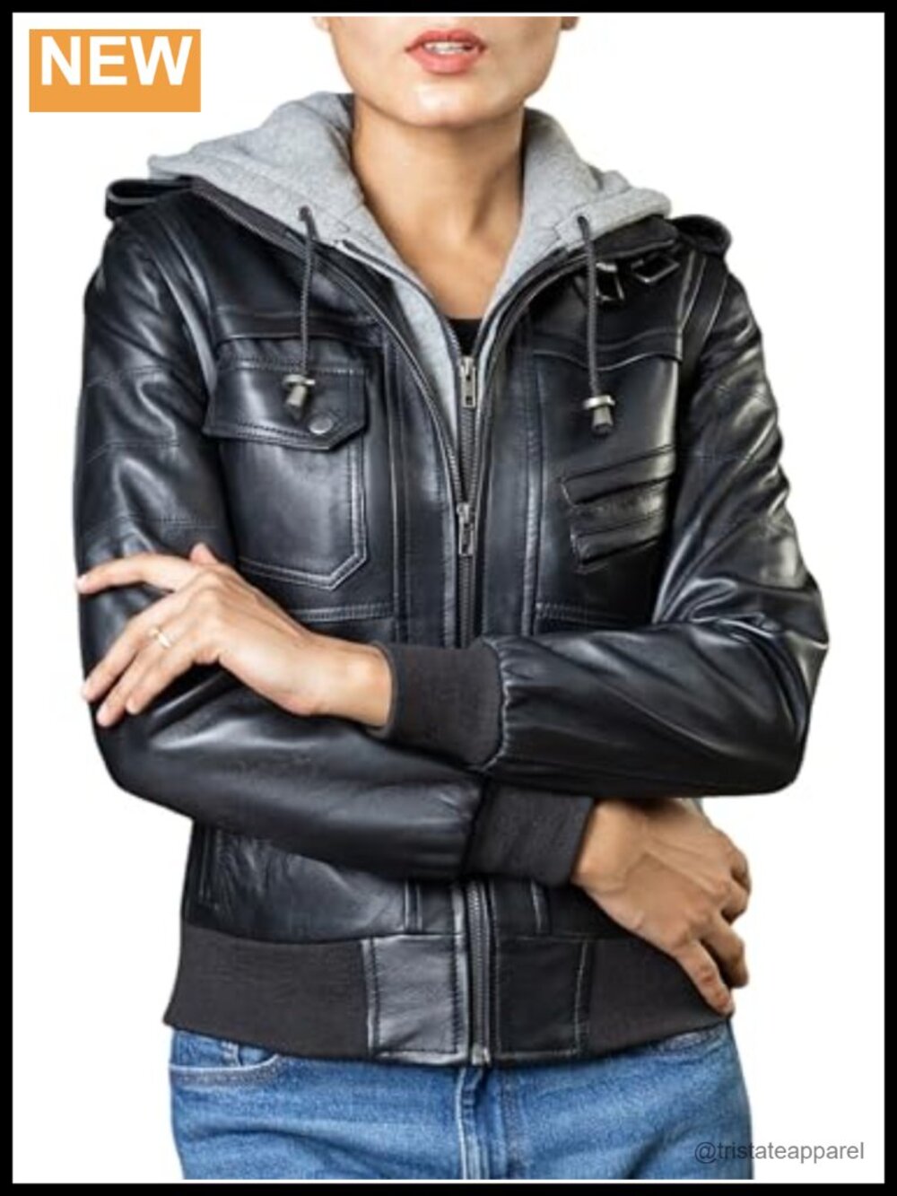Genuine Leather Moto Jacket Women Removable Hood Slim Fit Biker